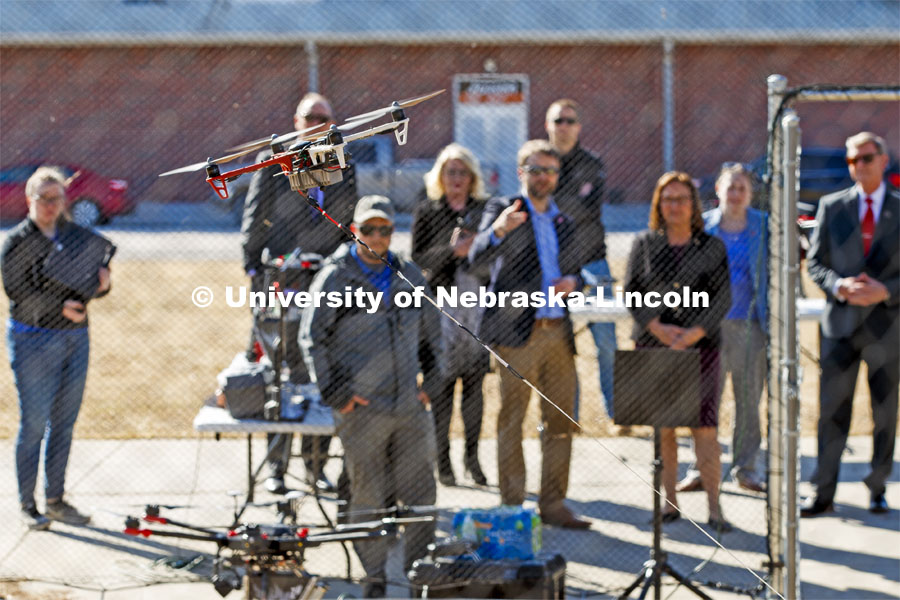 A tethered drone is demonstrated for Senator Deb Fischer Friday afternoon. The drone is tethered so it can remain aloft for long periods of time and transfer large amounts of data to the base station. March 6, 2020. Photo by Craig Chandler / University Communication.