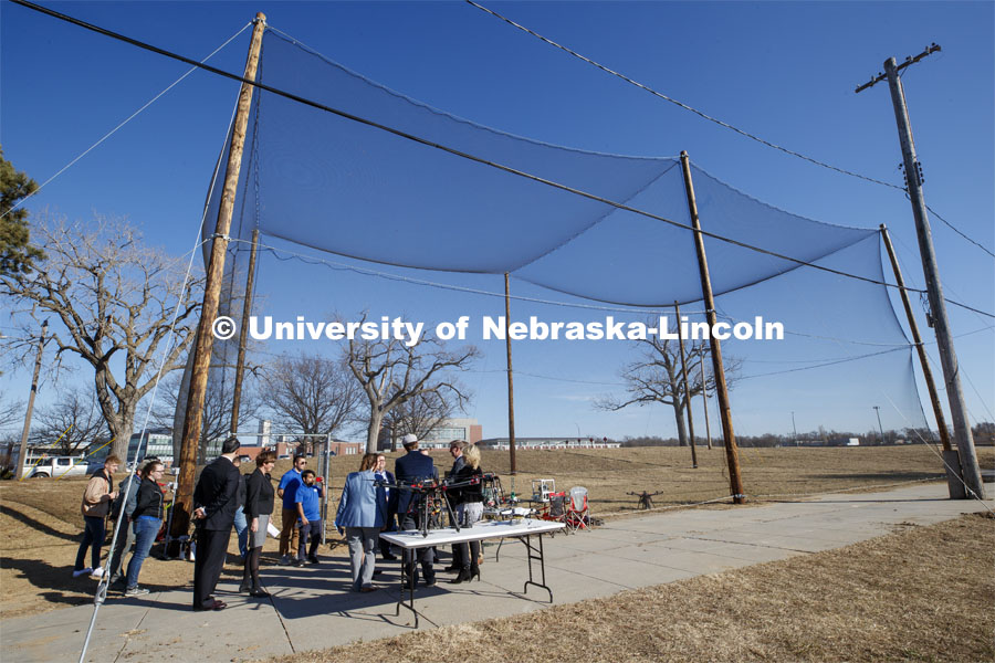 Senator Deb Fischer is given a demonstration of drone technology at the NIMBUS Outdoor Flying Facility on Nebraska Innovation Campus. March 6, 2020. Photo by Craig Chandler / University Communication.