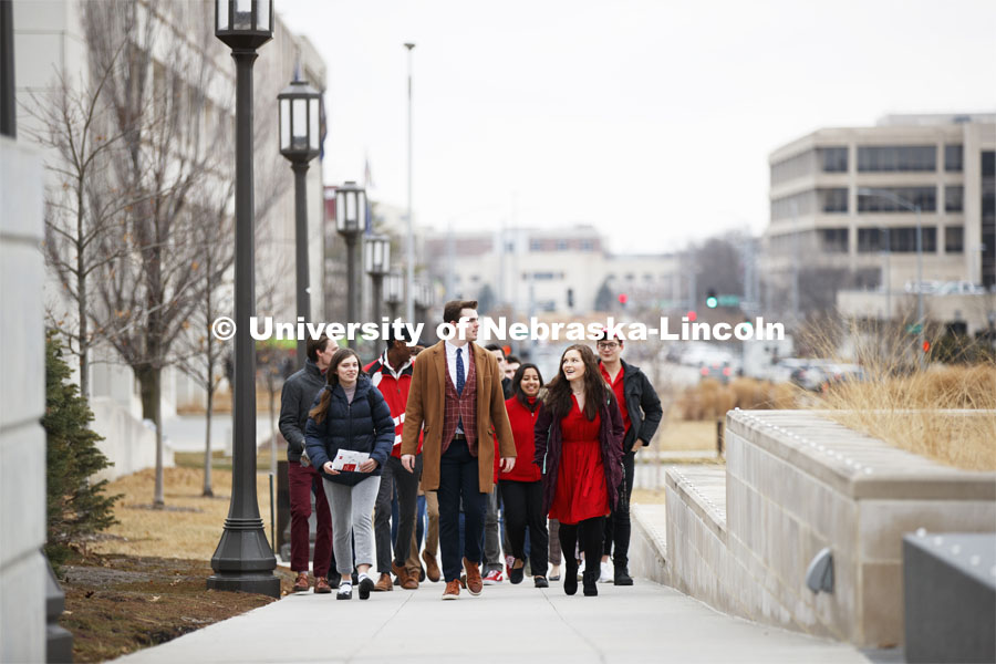 NU Advocacy Day at the Capitol. Students walking to the Nebraska State Capitol. March 10, 2020. Photo by Craig Chandler / University Communication.