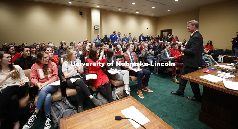 UNL students cheer as NU President yells "Go Big Red". NU Advocacy Day at the Capitol. March 10, 2020. Photo by Craig Chandler / University Communication.