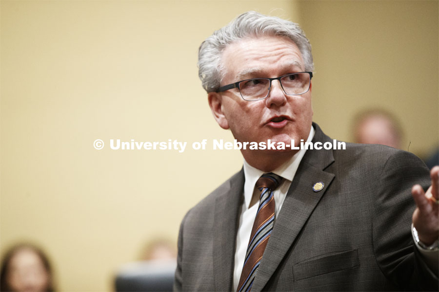 Speaker Jim Scheer speaks to the gathering at NU Advocacy Day at the Capitol. March 10, 2020. Photo by Craig Chandler / University Communication.