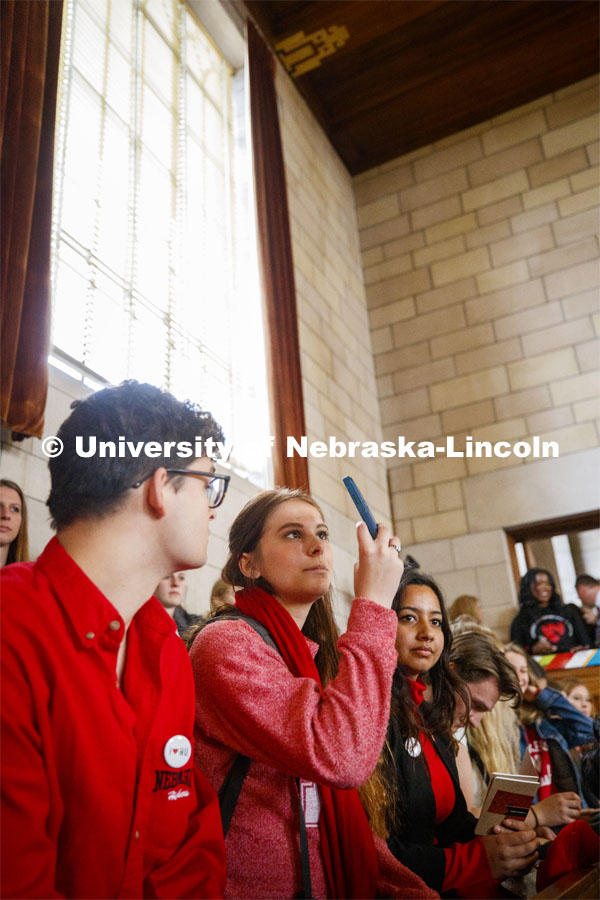 Sheridan Macy, a senior in political science and history, records video while in the Capitol. March 10, 2020. Photo by Craig Chandler / University Communication.