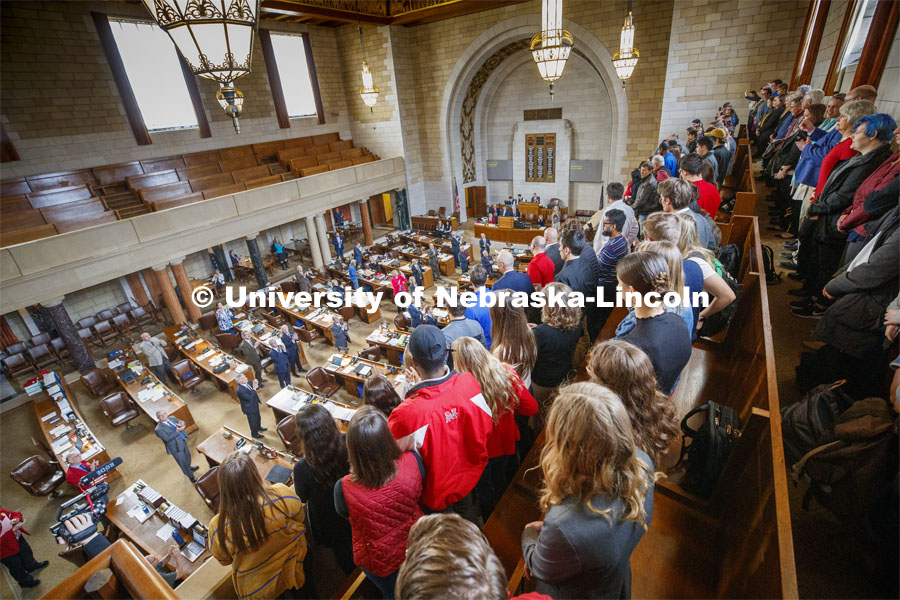NU Advocacy Day attendees are recognized by a standing ovation from state senators in the Capitol. March 10, 2020. Photo by Craig Chandler / University Communication.