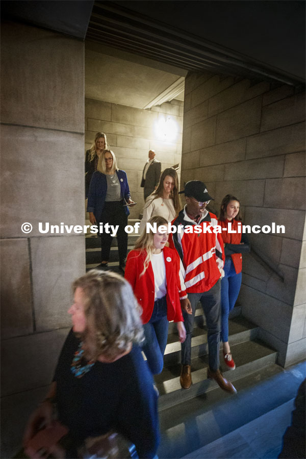 Students descend to the rotunda to meet senators during NU Advocacy Day in the Capitol. March 10, 2020. Photo by Craig Chandler / University Communication.