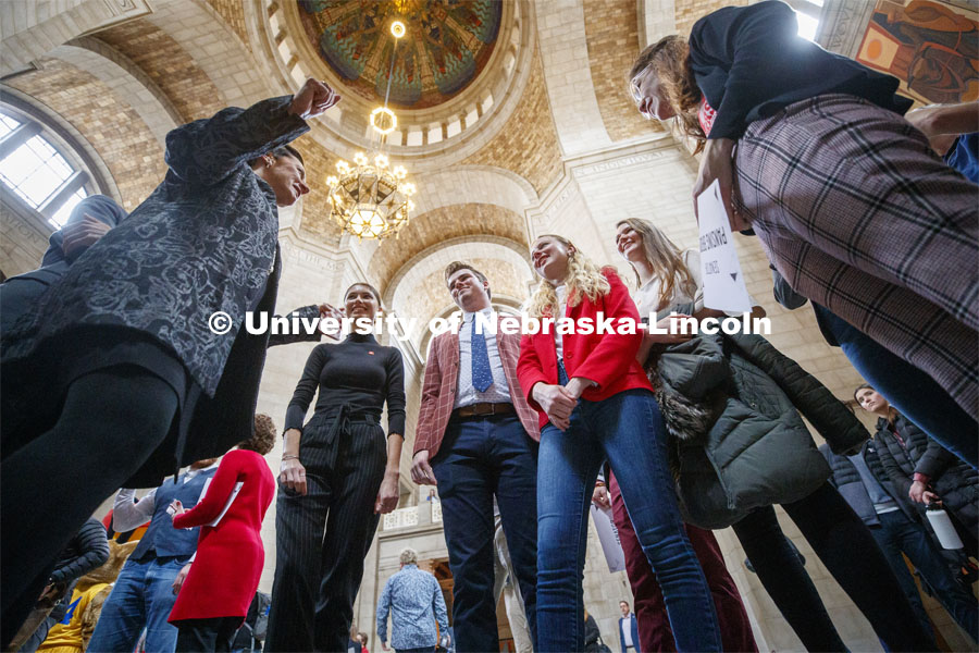 Senator Patty Pansing Brooks talks with a group of UNL students in the Capitol rotunda. NU Advocacy Day at the Capitol. March 10, 2020. Photo by Craig Chandler / University Communication.