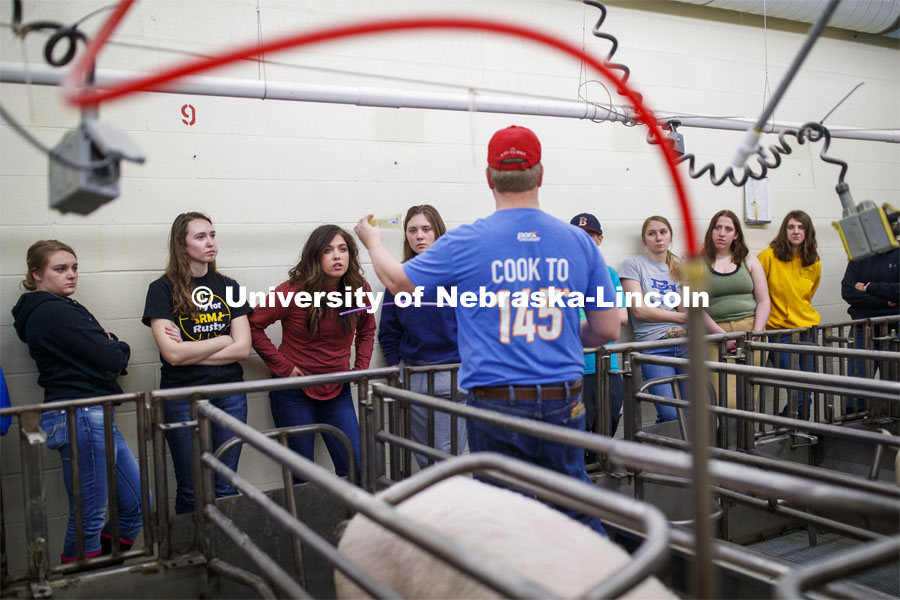 Benny Mote, assistant professor in Animal Science, lectures on artificial insemination to students in ASCI 150 - Animal Production Skills. March 12, 2020. Photo by Craig Chandler / University Communication.