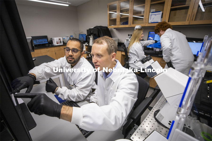 Ryan Pedrigi (center), Assistant Professor in Department of Mechanical and Materials Engineering, College of Engineering, discuss a microscope image with graduate student Jaideep Sahni. In the background is graduate student Morgan Schake and undergraduate researcher Ian McCue. March 13, 2020. Photo by Craig Chandler / University Communication.