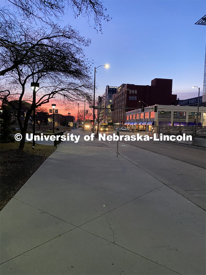 Downtown Lincoln at 12th and Q Streets, sunrise. March 17, 2020. Photo by Monica Myers / University Communication.