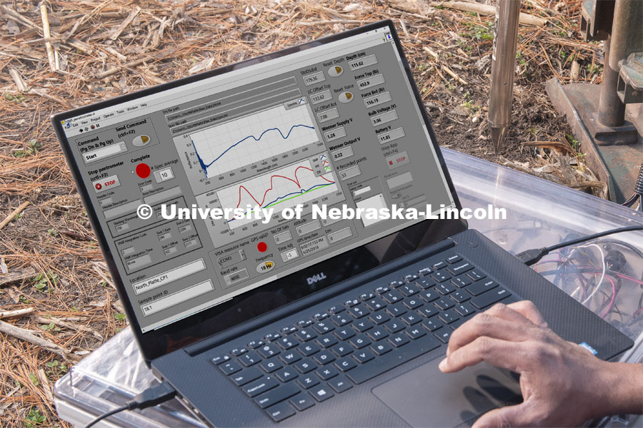 A readout of spectral signatures produced by the team's prototype, which collects the visible and near-infrared wavelengths that bounce back from soils. The graphical user interface of the LabVIEW program showing data collection from the VisNIR multi-sensing penetrometer system. March 18, 2020. Photo by Gregory Nathan / University Communication.