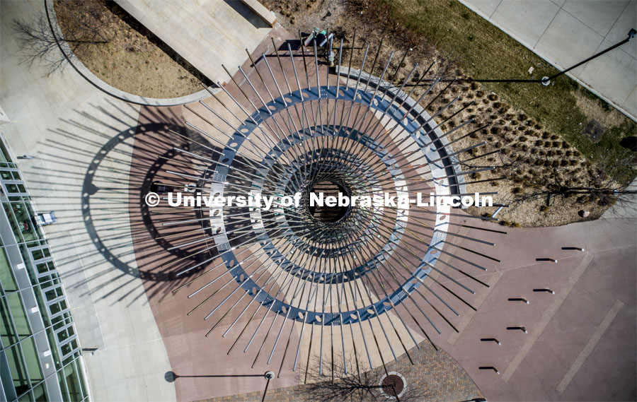High angle view of the Harvest sculpture in front of the Pinnacle Bank Arena in Haymarket. The sculpture looks like a sheaf of wheat which symbolizes the bounty of the region. March 21, 2020. Photo by Craig Chandler / University Communication.