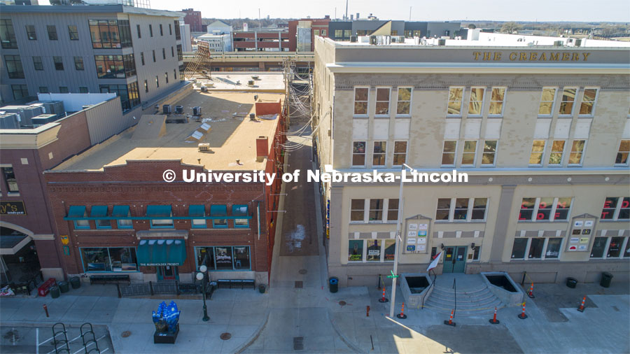 Drone footage of Lincoln’s Art Alley and the Haymarket. Photos are for the College of Architecture class, d.Make project (DSGN 111 - Design Making) for the students to help experience the space they are remote designing. March 24, 2020. Photo by Craig Chandler / University Communication.