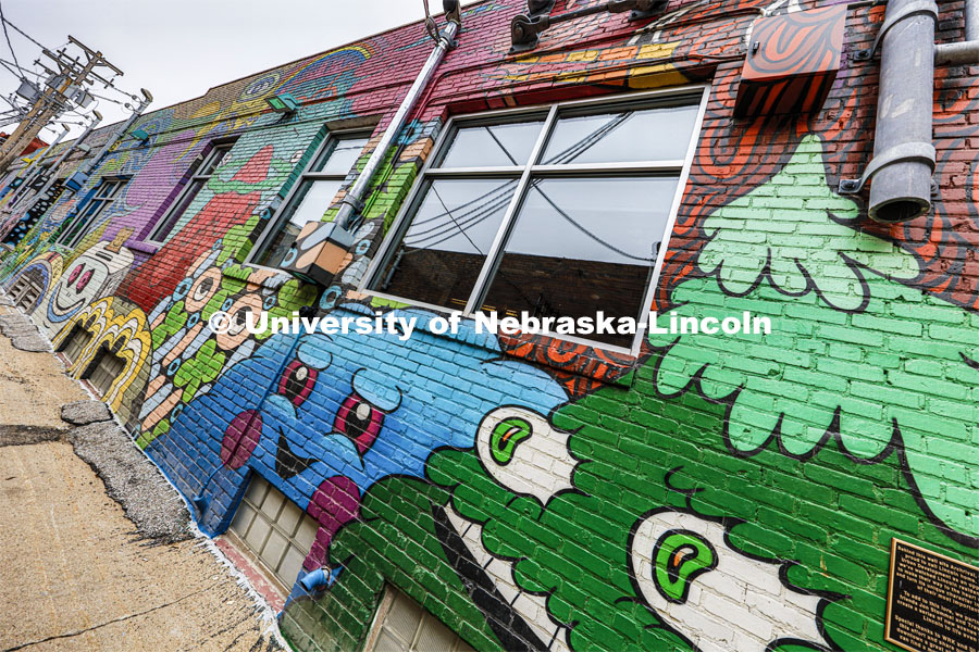 Drone footage of Lincoln’s Art Alley and the Haymarket. Photos are for the College of Architecture class, d.Make project (DSGN 111 - Design Making) for the students to help experience the space they are remote designing. March 24, 2020. Photo by Craig Chandler / University Communication.
