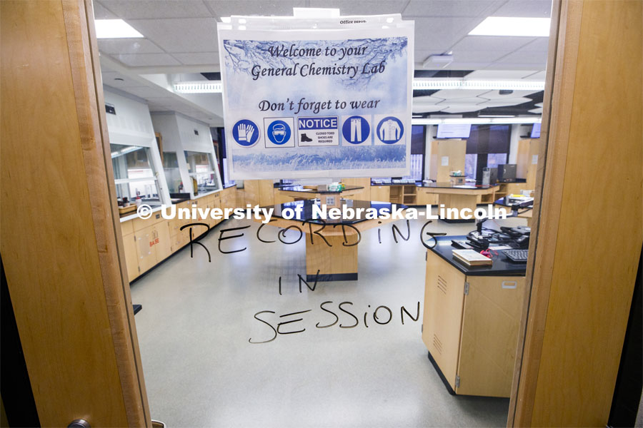Chemistry labs become recording studios. As a result of the Corona virus, Faculty are recording Chemistry labs in Hamilton Hall to prepare for the start of remote learning. March 24, 2020. Photo by Craig Chandler / University Communication.