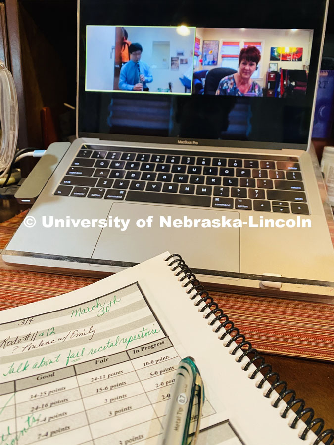 Because of the COVID-19 virus impact on campus, Diane Barger, professor of clarinet, works from home on her first day of remote teaching. March 30, 2020. Photos courtesy of Diane Barger.