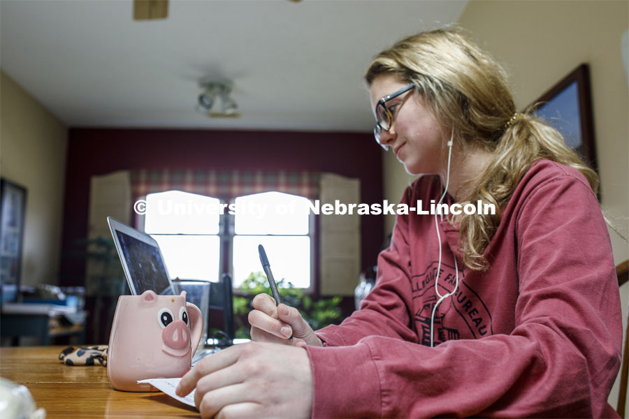 Emily Frenzen, a senior in agricultural and environmental science communication, Zooms in on a class from Fullerton, NE. As a result of the Corona virus, Emily is studying from home. March 31, 2020. Photo by Emily Frenzen.