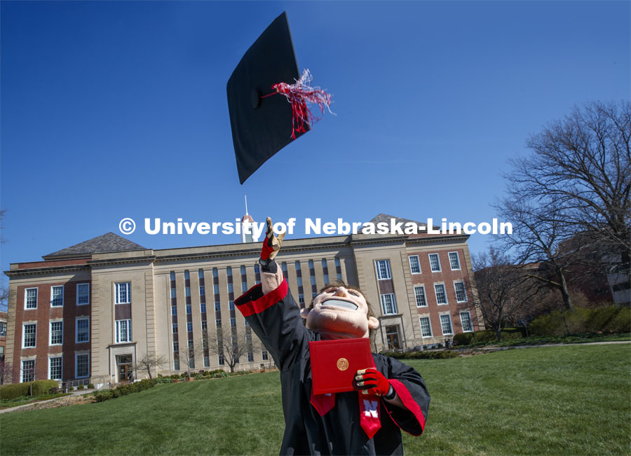 Herbie Husker removes his mortarboard and tosses it in the air in front of Love Library and is decked out in graduation attire for the Spring Commencement that was which streamed online and aired on NET because of the COVID-19 pandemic. April 10, 2020. Photo by Craig Chandler / University Communication.