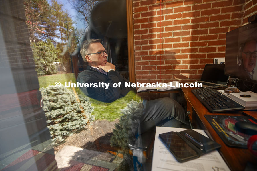Due to COVID-19 and campus shut down, Chancellor Ronnie Green works from home via Zoom. April 15, 2020. Photo by Craig Chandler / University Communication.