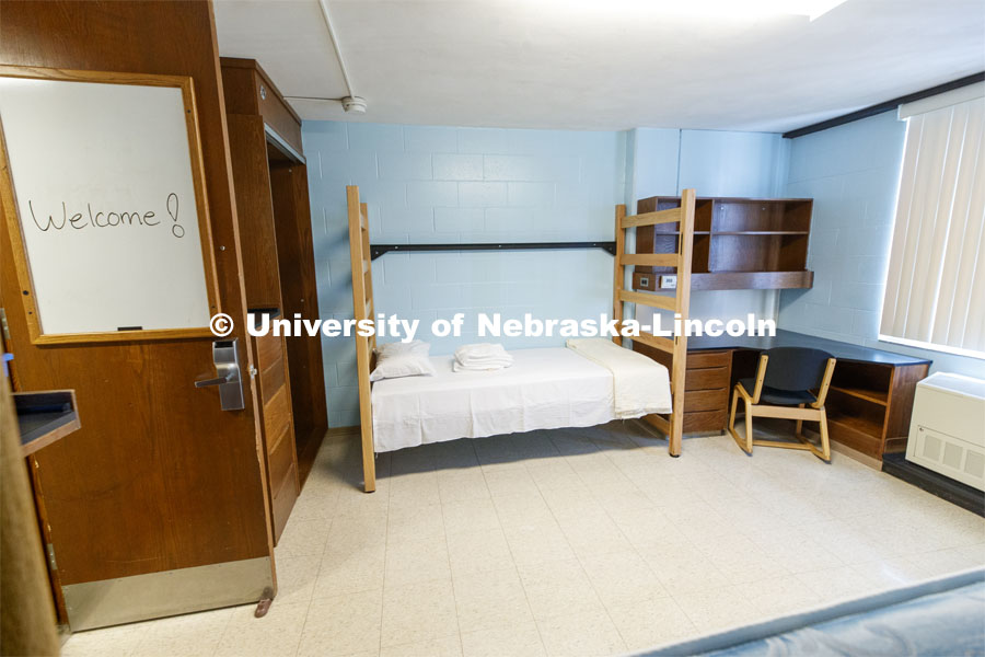 Typical Harper Residence Hall room. To enable first responders and medical personnel to self-isolate while still working, Harper Residence Hall will be used to house them. Contractors are being trained to use PPE and safely clean the residence hall. The Nebraska National Guard will supervise the hall. April 17, 2020. Photo by Craig Chandler / University Communication.