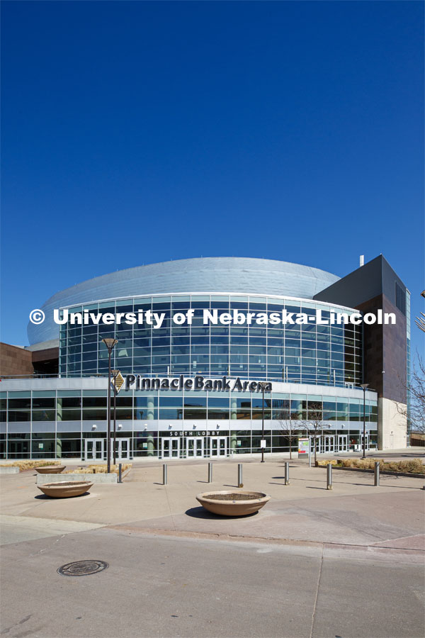 Exterior views of Pinnacle Bank Arena located in the Haymarket of downtown Lincoln, Nebraska. April 20, 2020. Photo by Craig Chandler / University Communication.
