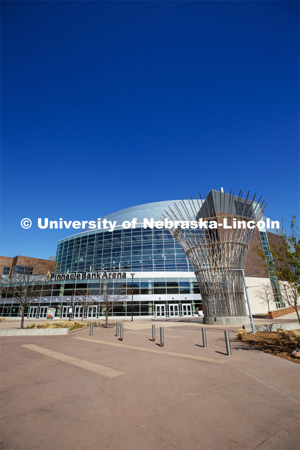 Exterior views of Pinnacle Bank Arena located in the Haymarket of downtown Lincoln, Nebraska. April 20, 2020. Photo by Craig Chandler / University Communication.
