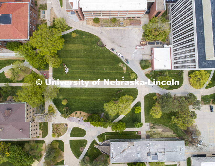 Aerial view of (clockwise) Manter Hall, Hamilton Hall, Woods Art Building, Brace Laboratory, and Richards Hall. City Campus aerials. Drone photo is a composite of multiple images because of 400' ceiling for UAV flights. May 12, 2020. Photo by Craig Chandler / University Communication