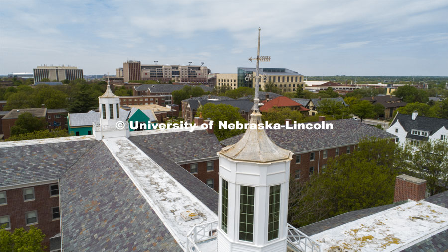 Aerial view of the cupola's on Neihardt Residential Center overlooking the west side of UNL Campus. City Campus aerials. May 12, 2020. Photo by Craig Chandler / University Communication