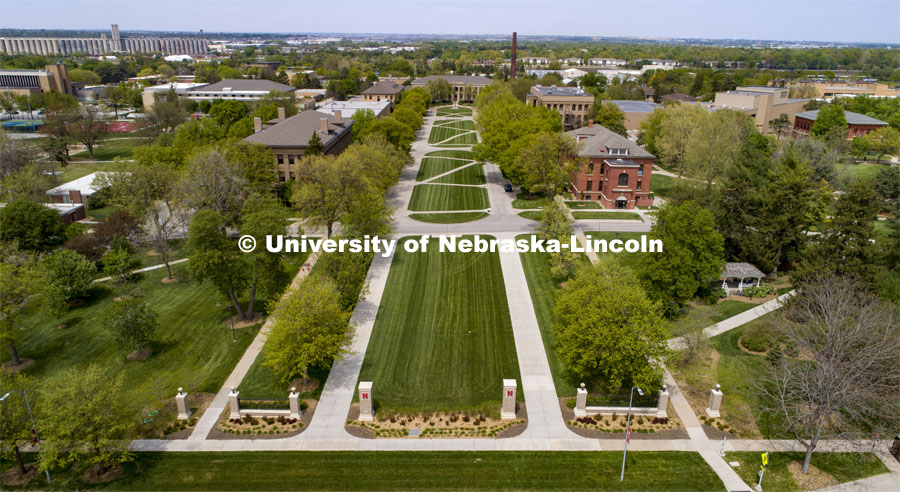 Aerial views of the East Campus Mall looking north. East Campus aerials. May 12, 2020. Photo by Craig Chandler / University Communication