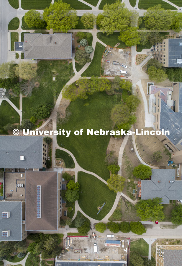Aerial view of (clockwise) Entomology Hall, Nebraska East Union, Miller Hall, Massengale Residential Center, C.Y. Thompson Library, Filley Hall, and Agricultural Communications Building. Drone photo is a composite of multiple images because of 400' ceiling for UAV flights. East Campus aerials. May 12, 2020. Photo by Craig Chandler / University Communication
