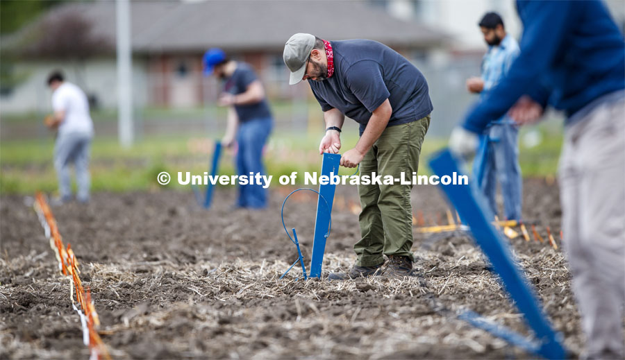 James Schnable and his group hand plants corn and sorghum seeds at the East Campus ag fields. May 20, 2020. Photo by Craig Chandler / University Communication.