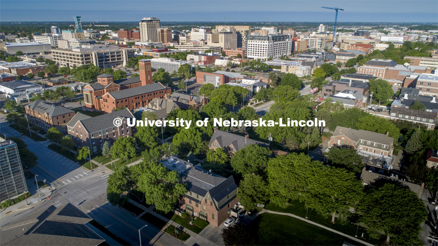 Greek row looking southwest from 16th Street. Drone footage of City Campus. May 29, 2020. Photo by Craig Chandler / University Communication.