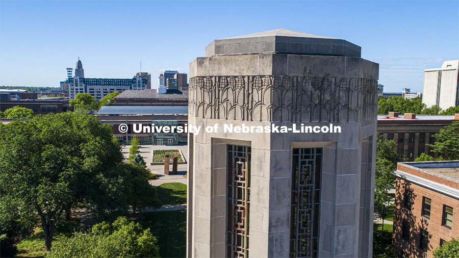 Detail of the top portion of the Mueller Bell Tower. Drone footage of City Campus. May 29, 2020. Photo by Craig Chandler / University Communication.