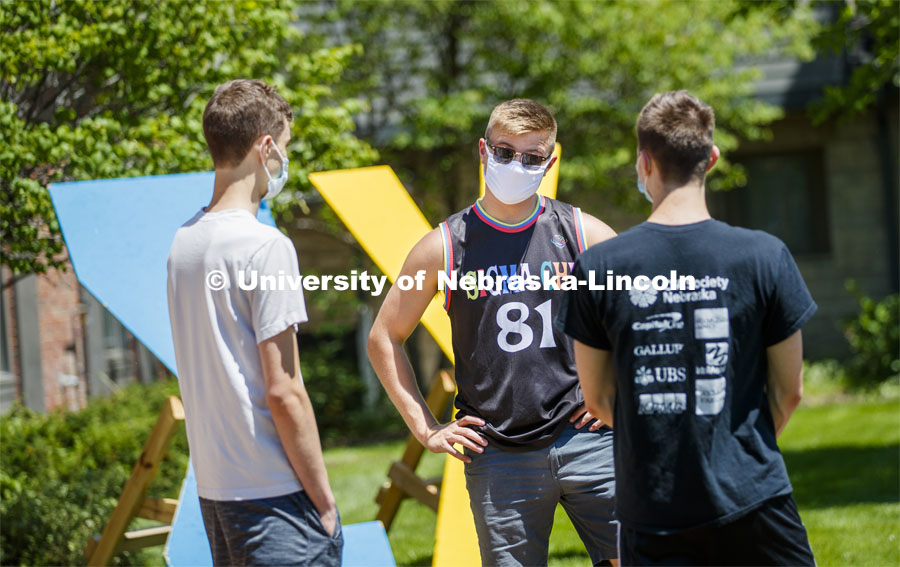 Sigma Chi recruitment day. Sigma Chi members are wearing masks as a result of the COVID-19 pandemic. May 29, 2020. Photo by Craig Chandler / University Communication.