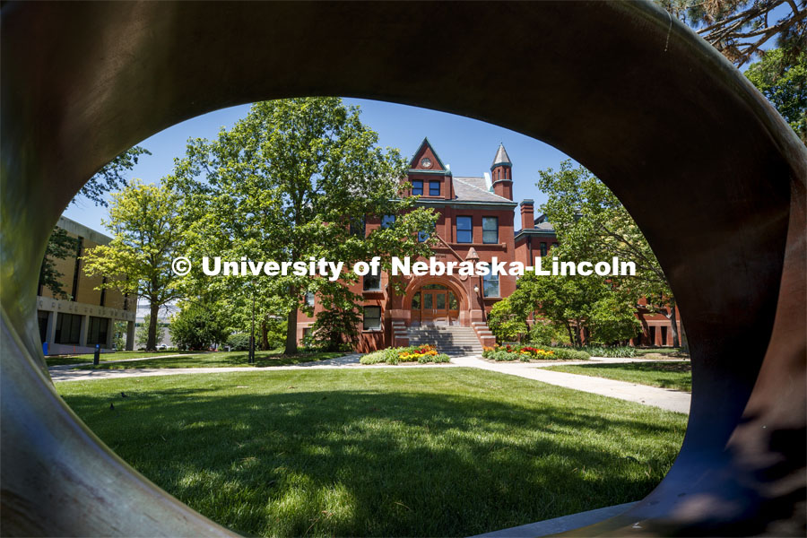 Exterior shot of Architecture Hall looking through the Fragment X-O sculpture. June 11, 2020. Photo by Craig Chandler / University Communication.