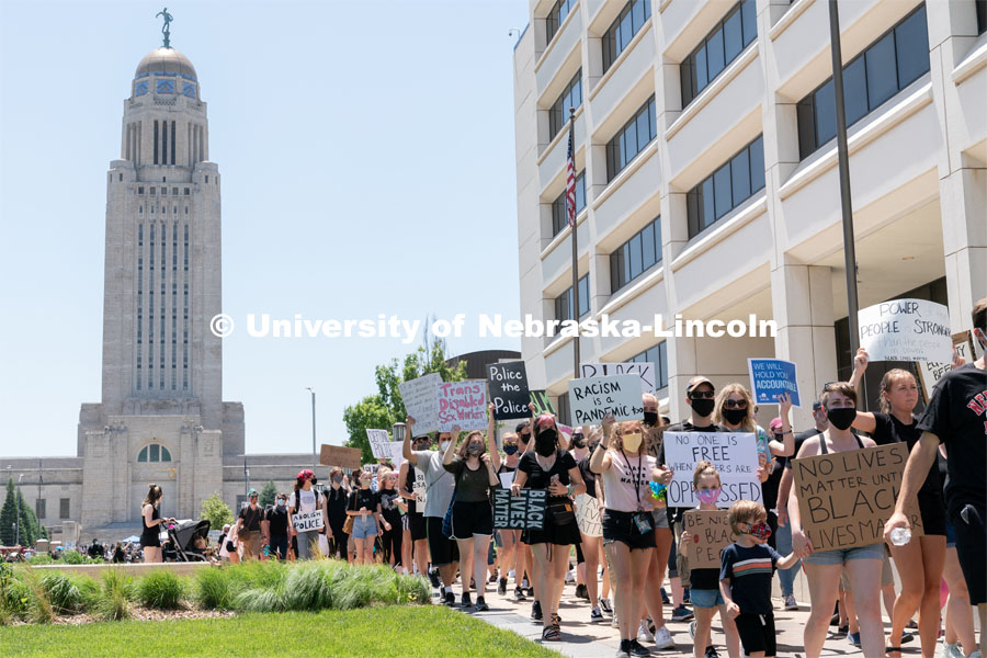 Protestors march up Centennial Mall toward Andersen Hall on Saturday, June 13th, 2020, in Lincoln, Nebraska. Black Lives Matter Protest. Photo by Jordan Opp for University Communication.