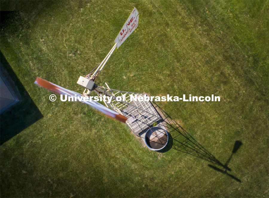 High angle view of the windmill on east campus behind the Animal Science building. June 15, 2020. Photo by Craig Chandler / University Communication.