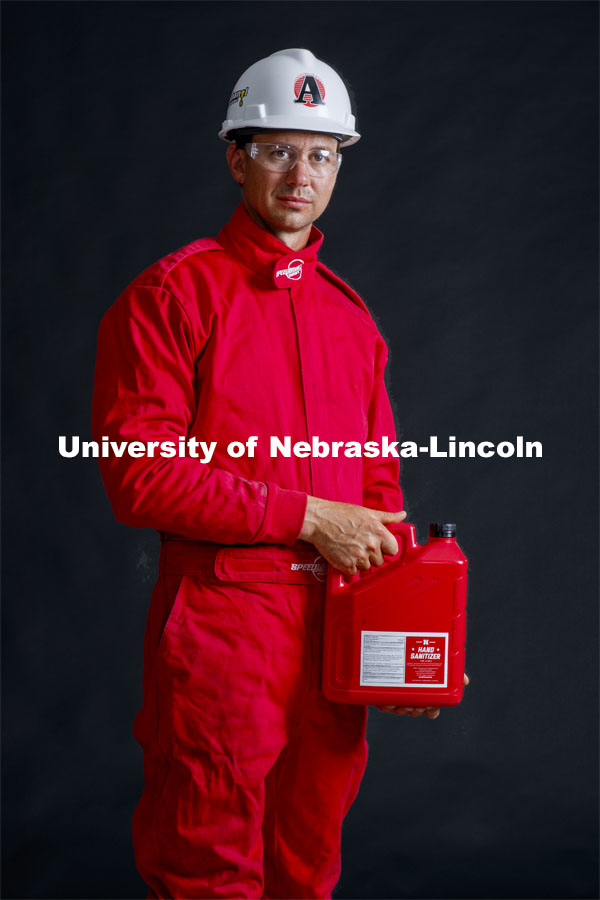 Hunter Flodman, Associate Professor of Practice in Chemical and Biomolecular Engineering, has led the group producing hand sanitizer from donated corn ethanol. Photo for the 2019-2020 Report Representing Nebraska’s Research Heroes. June 17, 2020. Photo by Craig Chandler / University Communication.