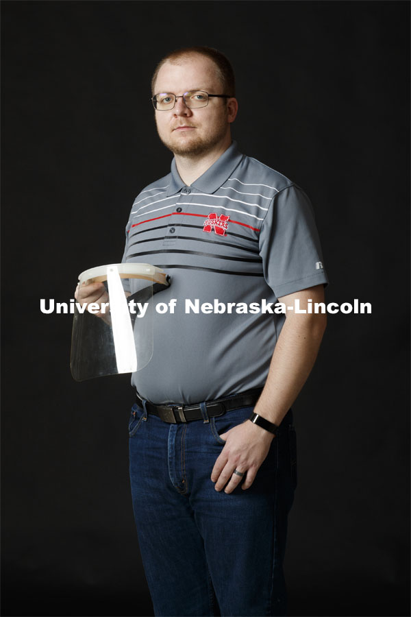 Matt Newman, Mechanical Research Engineer in Mechanical and Materials Engineering, is part of the group producing PPE face shields. Photo for the 2019-2020 Report Representing Nebraska’s Research Heroes. June 17, 2020. Photo by Craig Chandler / University Communication.