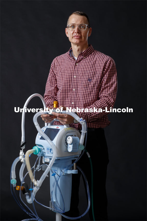 Benjamin Terry, an engineer at the University of Nebraska–Lincoln, used his expertise to help develop therapies and devices to treat ARDS, he helped to develop a strategy for stacking two patients on the same ventilator. June 19, 2020. Photo by Craig Chandler / University Communication.