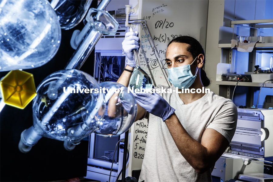 A student in Alexander Sinitskii's chemistry lab. June 22 2020. Photo by Craig Chandler / University Communication.