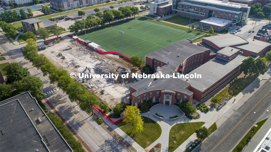Aerial view, Mabel Lee demolition finishes up. June 26, 2020. Photo by Craig Chandler / University Communication.