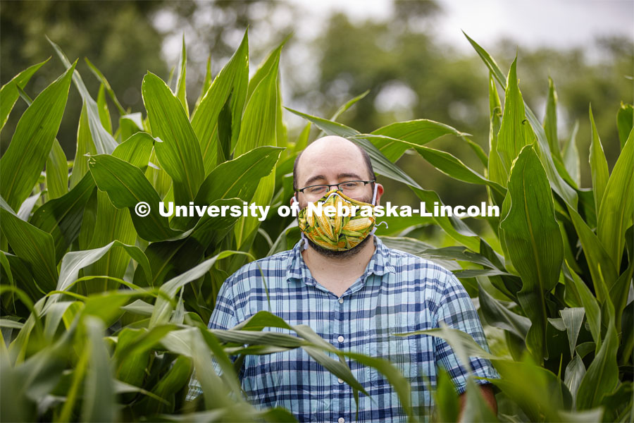 James Schnable corn mask is inspired by his surroundings at the Agriculture fields at 84th and Havelock. June 30, 2020. Photo by Craig Chandler / University Communication.