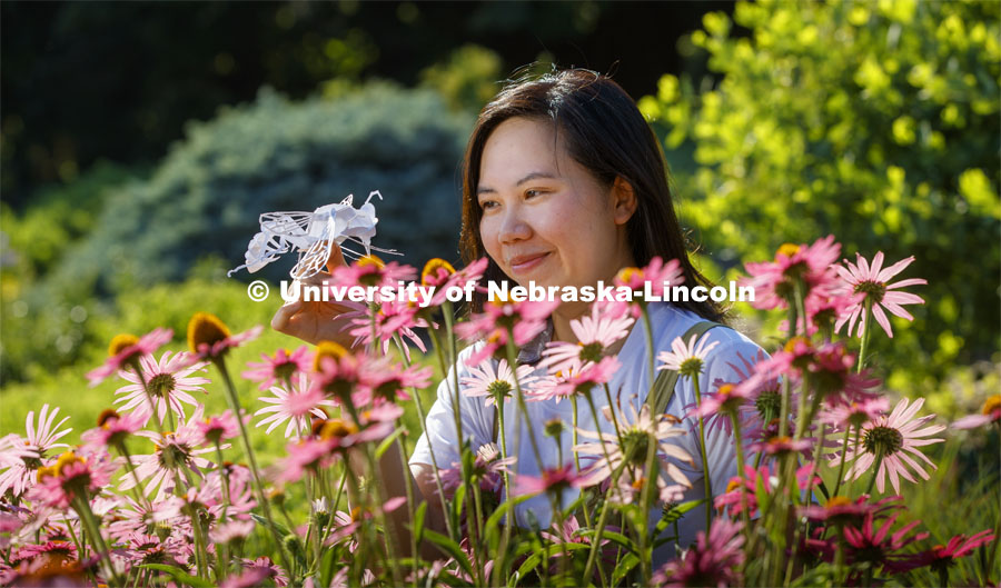 Mia Luong, a graduate student in entomology, creates intricate 3D insect art in her free time. She plans to use the art to raise funds for the Bruner Club. July 8, 2020. Photo by Craig Chandler / University Communication.
