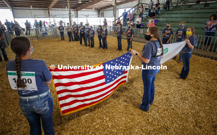 Participants in the sheep show at the Platte County Fair in Columbus, NE, pledge allegiance to the flag before the start of the show. The fair changed this year because of COVOD-19. Each livestock/animal show is a “show and go” format where 4-H'ers don't stay in the livestock barns as is tradition but transport their animals on the day of the show and work out their livestock trailers. Participants must wear a mask in the show ring. July 10, 2020. Photo by Craig Chandler / University Communication.