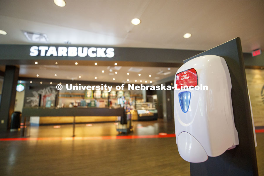 Hand Sanitizer stations are available throughout the Nebraska Union. July 13, 2020. Photo by Craig Chandler / University Communication.