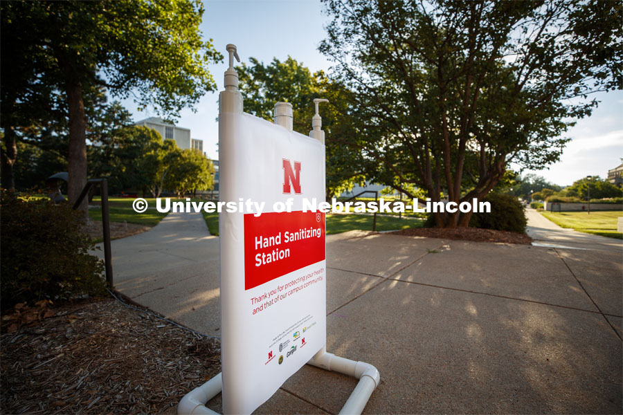 Hand sanitizer station outside Westbrook Music Building. It is one of the more than 1,500 new hand sanitizer stations being distributed around the three UNL campuses. July 28, 2020. Photo by Craig Chandler / University Communication.