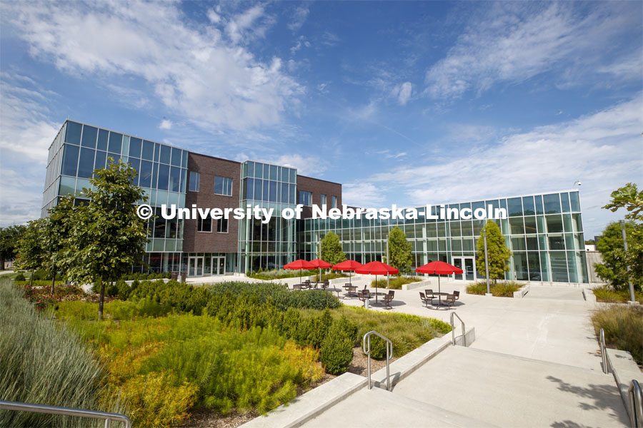 Exterior view of the Cather Dining Center. August 4, 2020. Photo by Craig Chandler / University Communication.