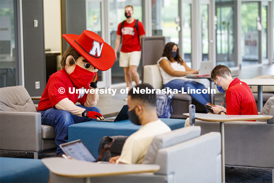 Photo shoot of students with Herbie on city campus display mask wearing, social distancing. Herbie and students sitting in a study area working on laptops. August 5, 2020. Photo by Craig Chandler / University Communication.