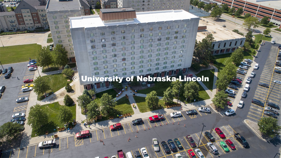 Aerial view of Harper Hall. First day of residence hall move in. August 13, 2020. Photo by Craig Chandler / University Communication.