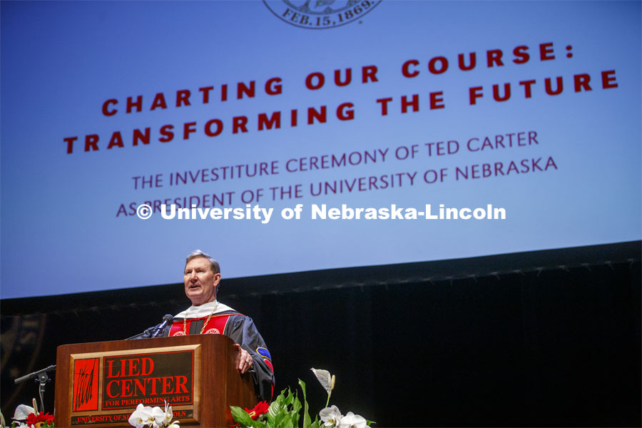 NU President Ted Carter gives his remarks at his investiture ceremony. Nebraska University President Ted Carter investiture ceremony. August 14, 2020. Photo by Craig Chandler / University Communication.