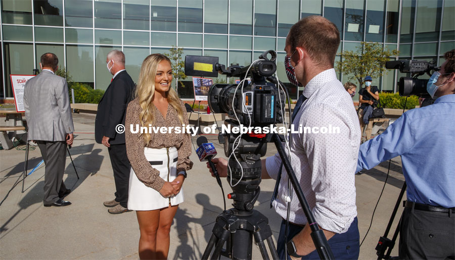 Sydney Long, a senior in the Hospitality, Restaurant and Tourism Management program, is interviewed about great opportunities she has had in the program following the brand reveal. The Scarlet Hotel name was revealed today to announce the new hotel being built at Nebraska Innovation Campus. The hotel will be home to academic space managed by the University of Nebraska–Lincoln’s College of Education and Human Sciences and will house the Hospitality, Restaurant and Tourism Management program. August 18, 2020. Photo by Craig Chandler / University Communication.